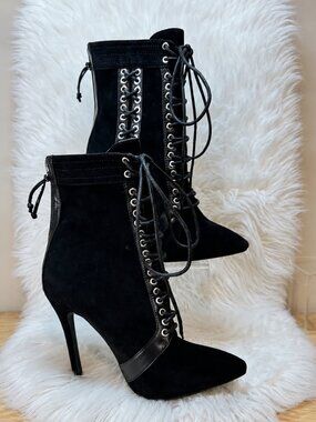 Bebo Sexy Goth Vixen Corset Lace Up Sky High Stiletto Fux Suede Bootie Heals